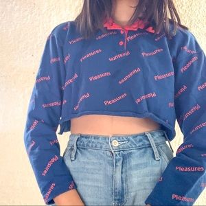 long sleeve blue shirt with red collar and buttons